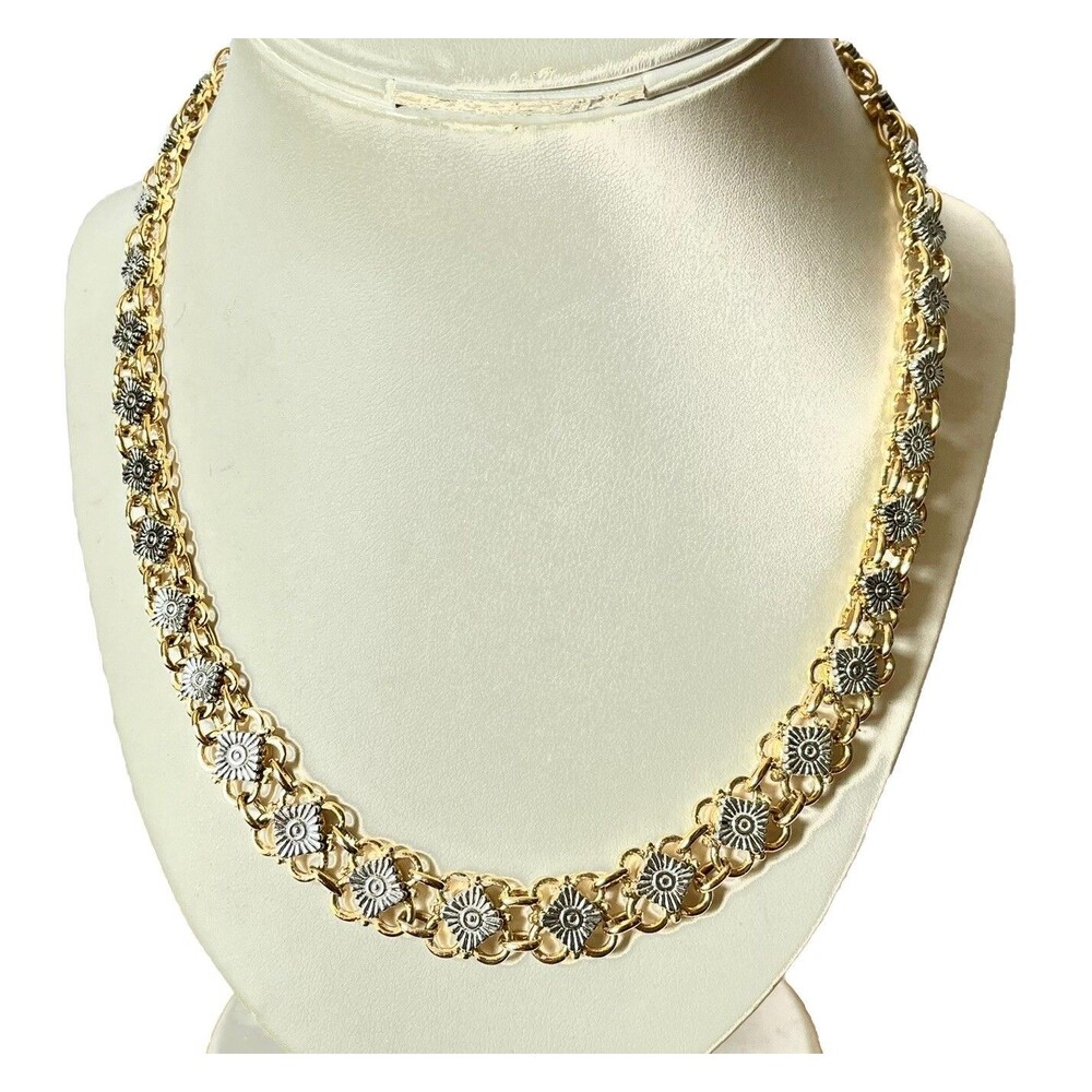Gold & Silver Necklace Layered Chain Vintage Open Work Mixed Metals 17” Shiney